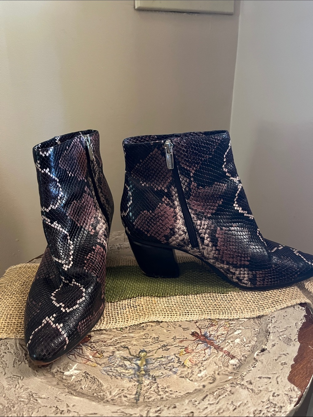 Snake-Print Ankle Boots - Black and Brown